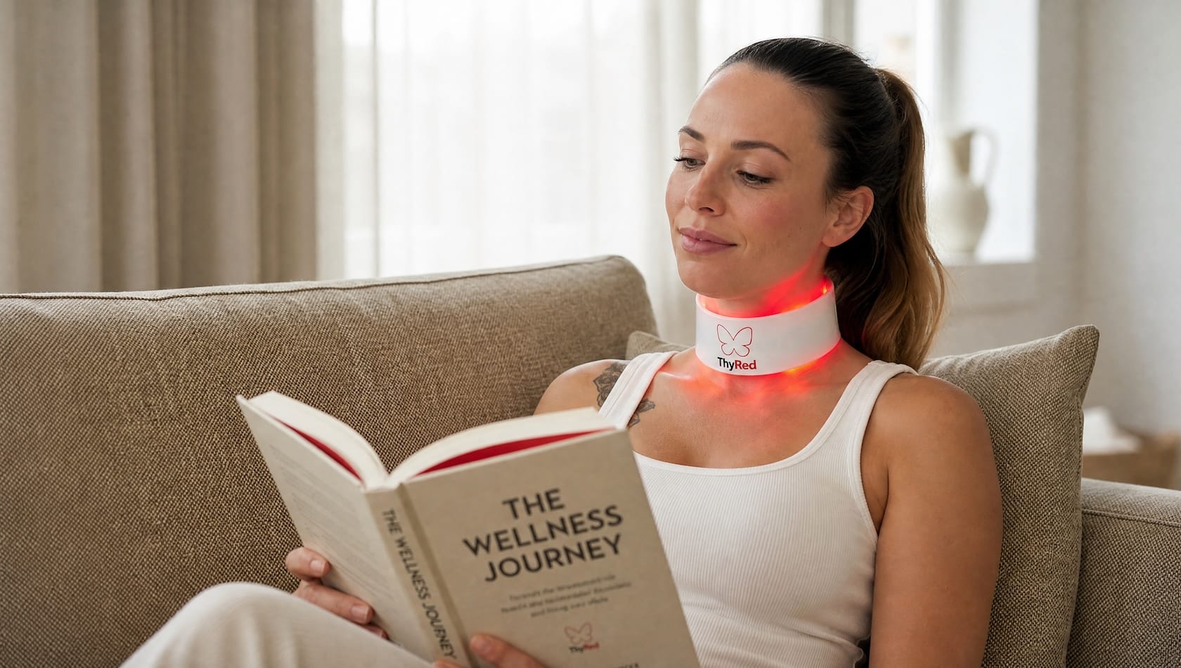 ThyRed light-therapy collar worn while reading at home